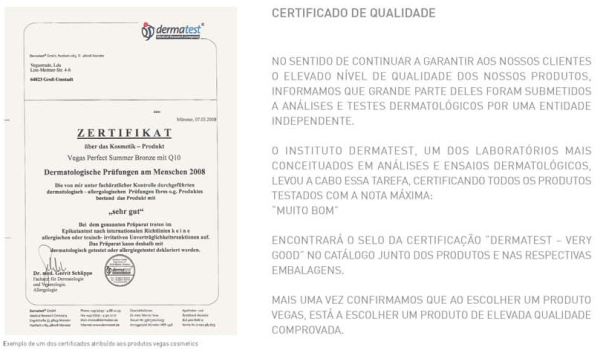 Certificado de Qualidade da Dermatest